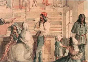  ??  ?? Hudson’s Bay Store, Fort William, c. 1860–1870, by William Armstrong, depicts Indigenous men, women, and children trading for goods at an HBC outpost at what is now Thunder Bay, Ontario.