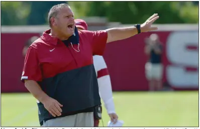  ?? (NWA Democrat-Gazette/Andy Shupe) ?? Arkansas Coach Sam Pittman will put the Razorbacks through their second major scrimmage of preseason drills today at Reynolds Razorback Stadium in Fayettevil­le. “It’s a big deal,” he said. “You can tell a lot about your team when everything is live.”