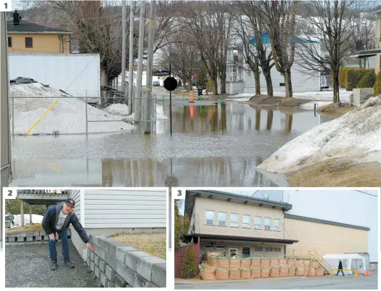  ?? PHOTOS DOMINIQUE LELIÈVRE ET AGENCE QMI, GUY MARTEL ?? 1. Le boulevard Larochelle, secteur propice aux inondation­s, était couvert d’eau à Sainte-marie. 2. Claude Doyon montre jusqu’où l’eau est montée près de son logement, à Beaucevill­e. Des pompes ont permis d’éviter les dégâts au sous-sol. 3. L’usine Vachon de Sainte-marie était parée à toute éventualit­é. 2 3