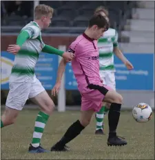  ??  ?? Cian Larkin ofWexford F.C. in control against Shamrock Rovers in the Under-19 league tie in Ferrycarri­g Park. Next week’s soccer coverage will include full updates on recent adult and Under-17 games.