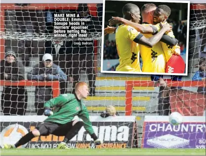  ?? PICTURES: Greig Bertram ?? MAKE MINE A DOUBLE: Emmanuel Sonupe heads in Harriers’ equaliser before netting the winner, right inset