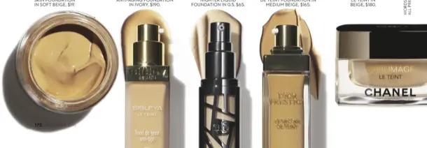  ??  ?? BREATHABLE RIMMEL FRESHER SKIN FOUNDATION IN SOFT BEIGE, $19. ANTI-AGEING SISLEY SISLEŸA LE TEINT ANTI-AGING FOUNDATION IN IVORY, $190. MATT URBAN DECAY ALL NIGHTER LIQUID FOUNDATION IN 0.5, $65. SATIN DIOR PRESTIGE LE NECTAR DE TEINT FOUNDATION IN...