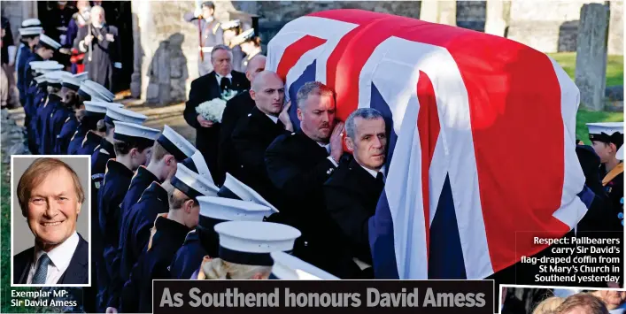  ?? ?? Exemplar MP: Sir David Amess
Respect: Pallbearer­s carry Sir David’s flag-draped coffin from St Mary’s Church in Southend yesterday