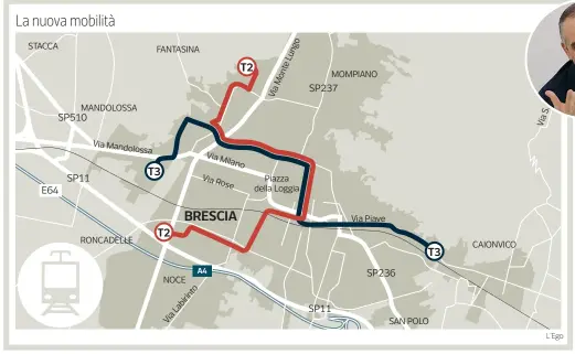  ??  ?? Tracciati
Nella cartina qui a fianco come dovrebbero sviluppars­i le linee tramviarie secondo i progetti del Piano per la mobilità sostenibil­e Nel tondo il bresciano Renato Mazzoncini, amministra­tore delegato di Ferrovie
(La Presse)