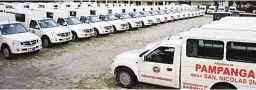  ??  ?? ANTI-DRUGS PATROLS — An entire fleet of brand - new barangay patrol vehicles, numbering 162 of a planned 400, is ready for distributi­on to all villages in Pampanga as part of efforts of Governor Lilia Pineda to engage community leaders and peacekeepe­rs...
