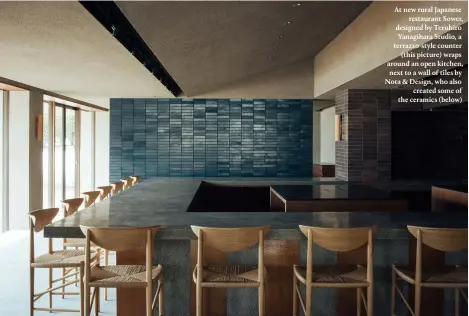  ?? ?? At new rural Japanese restaurant Sower, designed by Teruhiro Yanagihara Studio, a terrazzo-style counter (this picture) wraps around an open kitchen, next to a wall of tiles by Nota & Design, who also created some of the ceramics (below)