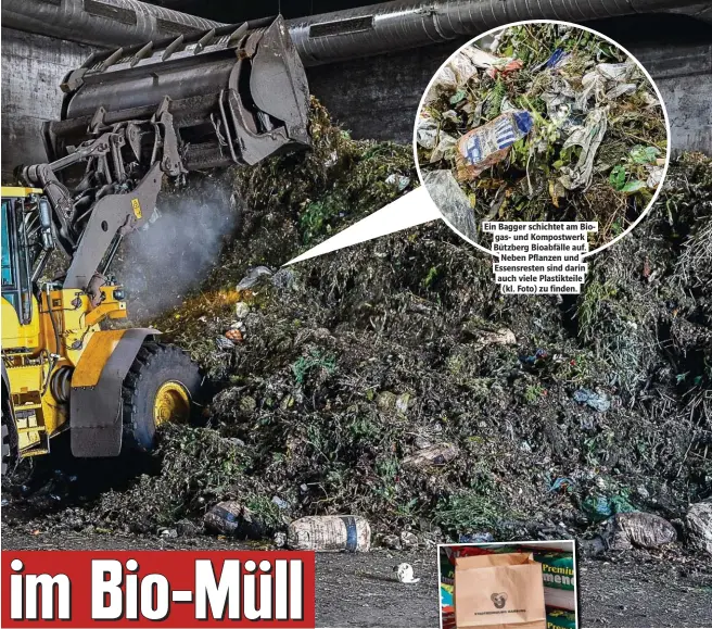  ??  ?? Ein Bagger schichtet am Biogasund Kompostwer­k Bützberg Bioabfälle auf. Neben Pflanzen und Essensrest­en sind darin auch viele Plastiktei­le (kl. Foto) zu finden.