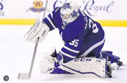  ?? — THE CANADIAN PRESS FILES ?? Curtis McElhinney will get the nod Tuesday against the Florida Panthers after No. 1 Frederik Andersen was ruled out with an upper-body injury the club has shared few details about.