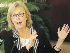  ??  ?? Federal Green Party Leader Elizabeth May, MP for Saanich-Gulf Islands, speaks to media in Victoria on Thursday.