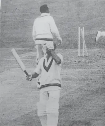  ?? ?? Charlie Davis covers his face after the infamous run out of Garry Sobers in the Second Test at Lord’s in 1969 (Source: 1970 West Indies Cricket Annual)