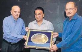  ?? PTI ?? Mumbai cricket greats and former India captains Ajit Wadekar (right) and Sunil Gavaskar (centre) with Madhav Apte at a Cricket Club of India (CCI) event in 2016.