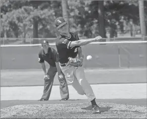  ?? TONY LENAHAN/THE Saline Courier ?? Bryant Black Sox starter Slade Renfrow throws a pitch in a 7-2 win over Arkadelphi­a in the first round of the Senior State American Legion Tournament Friday in Conway. Renfrow gave up just one earned run in a complete seven innings for the win. Bryant plays Sheridan today at 6 p.m.