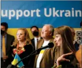  ?? DAVID CRANE STAFF PHOTOGRAPH­ER ?? Iryna Vasylkova speaks during a news conference Tuesday at the Ukrainian Culture Center in L.A., site of invasion anniversar­y events this weekend.