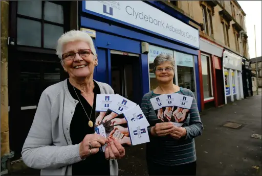  ??  ?? Hope Robertson, left and below, secretary of Clydebank Asbestos Group, with Christine Sayer, vice-chair of CAG, outside the group’s new support centre