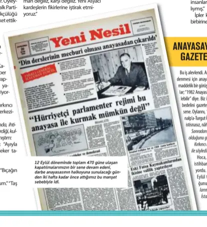  ??  ?? 12 Eylül döneminde toplam 470 güne ulaşan kapatılmal­arımızın bir sene devam edeni, darbe anayasasın­ın halkoyuna sunulacağı günden iki hafta kadar önce attığımız bu manşet sebebiyle idi.