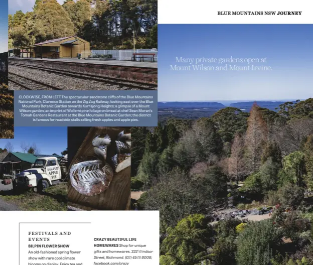  ??  ?? CLOCKWISE, FROM LEFT The spectacula­r sandstone cliffs of the Blue Mountains National Park; Clarence Station on the Zig Zag Railway; looking east over the Blue Mountains Botanic Garden towards Kurrajong Heights; a glimpse of a Mount Wilson garden; an...