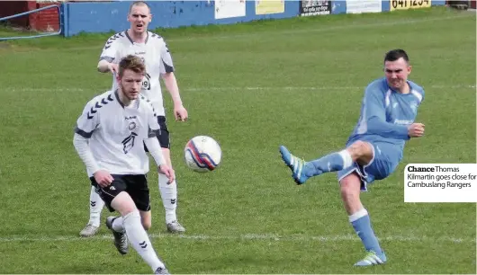  ??  ?? Cambuslang Rangers returned to the top of the table at the weekend but only after a late winner secured a scrappy 2-1 win over bottom side Ashfield.
The home side were still without the injured Paul McLaughlin and Ryan MacKey was suspended. Thomas...