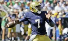  ?? NAM Y. HUH — THE ASSOCIATED PRESS FILE ?? Notre Dame’s Brandon Wimbush looks to throw against Vanderbilt in September in South Bend, Ind.