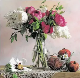  ??  ?? While a vase of peonies and bowl of pomegranat­es make a lovely tableau, gases from fruit can actually shorten the life of cut flowers.