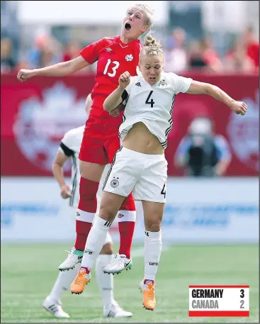  ?? GETTY IMAGES ?? Germany’s Leonie Maier goes up for a header against Canada’s Sophie Schmidt during an Internatio­nal Friendly match at Tim Hortons Field in Hamilton yesterday.
