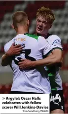  ?? Tom Sandberg/PPAUK ?? > Argyle’s Oscar Halls celebrates with fellow scorer Will Jenkins-Davies