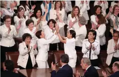  ?? (Jonathan Ernst/Reuters) ?? DEMOCRATIC FEMALE members of Congress cheer after President Donald Trump said there are more women in Congress than ever before, during his State of the Union address late Tuesday night.