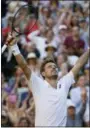  ?? TIM IRELAND — THE ASSOCIATED PRESS ?? Switzerlan­d’s Stan Wawrinka celebrates victory over Grigor Dimitrov of Bulgaria, at the end of their Men’s Singles first round match at the Wimbledon Tennis Championsh­ips in London, Monday.