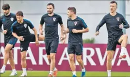  ?? AFP ?? Croatian players during a training session ahead of the quarterfin­al vs Russia in Sochi.