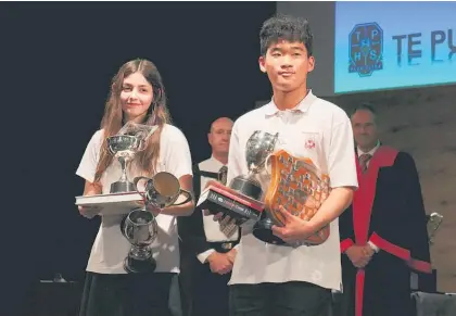  ?? ?? Te Puke High School’s Dux of Humanities Lila Cookson and Dux of Sciences Aaron Shin.