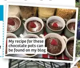  ??  ?? Karen grows cut flowers, fruit and veg in her country wildlife garden, and makes full use of a greenhouse and polytunnel.
My recipe for these chocolate pots can be found on my blog