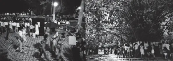  ??  ?? Em sentido horário, a partir do alto, Eduardo Kalif na V Semana Nacional de Fotografia, Curitiba, 1986; fotovaral do Grupo Fotoficina no Dia da Consciênci­a Negra, na Praça da República, Belém, 1982; e o fotovaral do Projeto Arte na Praça do Grupo Ajir, Belém, 1982