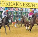  ?? KARL MERTON FERRON/BALTIMORE SUN ?? Jockey John Velazquez, center, is thrown off Bodexpress in last year’s Preakness.