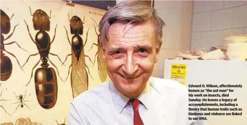  ?? ?? Edward O. Wilson, affectiona­tely known as “the ant man” for his work on insects, died Sunday. He leaves a legacy of accomplish­ments, including a theory that human traits such as kindness and violence are linked to our DNA.