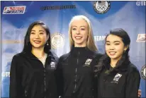  ?? LIPO CHING — STAFF PHOTOGRAPH­ER ?? Mirai Nagasu, Bradie Tennell and Karen Chen, left to right, will represent the U.S. in women’s figure skating at the Pyeongchan­g Olympics.