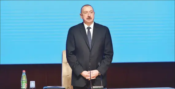  ??  ?? President IIham Aliyev addresses the conference on socio-economic developmen­t of the regions in 2014-2018.