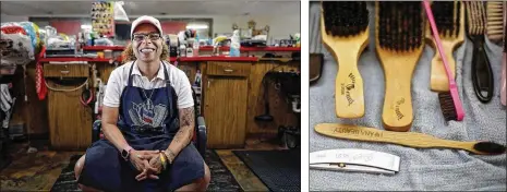  ?? KYLE ROBERTSON PHOTOS / COLUMBUS DISPATCH ?? Pisce “BarbHer” McCoy says she was the only woman in her barbering class 11 years ago, but the number in the field is growing. McCoy has these tools. Women make up about 20% of the students at the Ohio State College of Barber Styling.