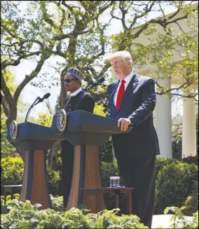  ?? AP PHOTO ?? President Donald Trump speaks during a news conference with President Muhammadu Buhari in the Rose Garden of the White House.