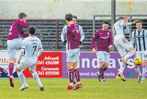  ??  ?? IMPORTANT GOAL: Tam O’Brien fires Arbroath into the lead with a wind-assisted 25-yard strike at Gayfield.