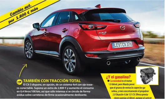  ??  ?? TAMBIÉN CON TRACCIÓN TOTALEl CX-3 dispone, en opción, de un sistema 4x4 con eje trasero conectable. Supone un extra de 2.800 € y aumenta el consumo en 0,4 litros/100 km, así que sólo interesa si se circula de forma asidua sobre carreteras de firme ocasionalm­ente deslizante.