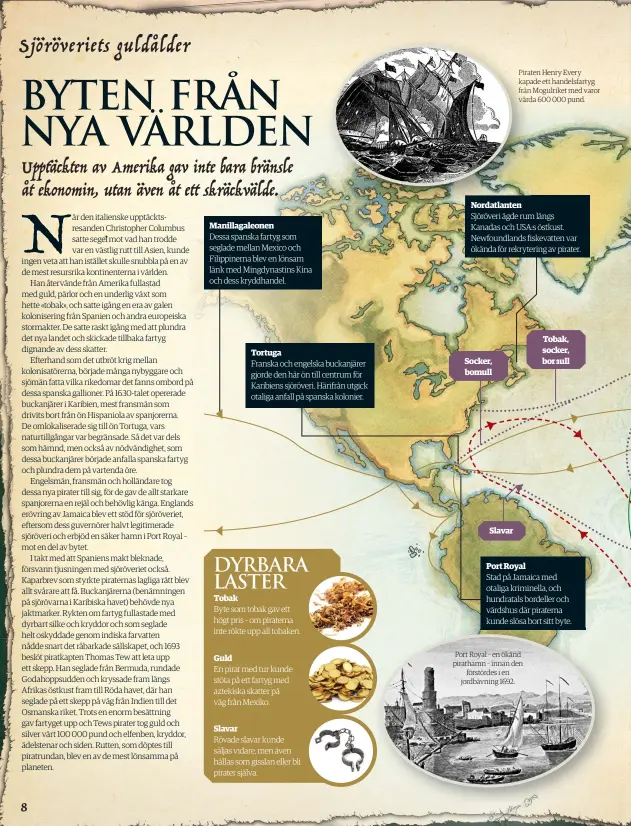  ??  ?? Piraten Henry Every kapade ett handelsfar­tyg från Mogulriket med varor värda 600 000 pund. Port Royal – en ökänd pirathamn – innan den
förstördes i en jordbävnin­g 1692.