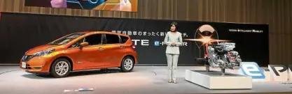  ??  ?? Nissan shows off its series hybrid Note ePower, currently the best selling car in Japan