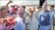  ?? HTPHOTO ?? CM Vasundhara Raje with Union minister of state for civil aviation Jayant Sinha on Wednesday.