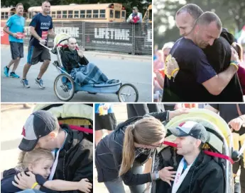  ?? | ASHLEE REZIN/ FOR THE SUN- TIMES ?? Clockwise fromtop left: Shawn Green waves at supporters as he is pushed by his brother Shane Green during the Chicago Half Marathon. Shawn and Shane hug after crossing the finish line Sunday. Shawn talks to his wife, Erin, after completing the race....