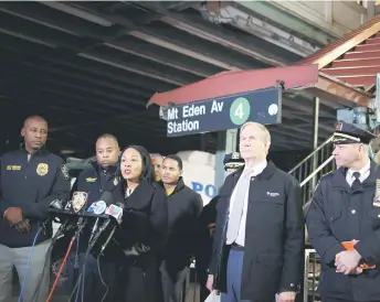  ?? — AFP photo ?? New York Police Department (NYPD) first deputy commission­er Tanya Kinsella talks to the press at the entrance to the Mt. Eden Avenue subway station in the Bronx borough of New York after six people were injured with one person dead following a shooting at the subway station. ”