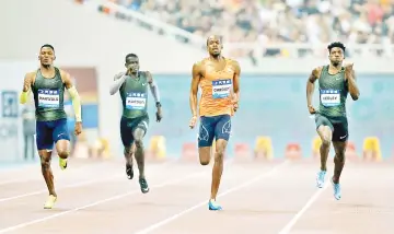  ?? — Reuters photo ?? Botswana’s Isaac Makwala, Qatar’s Abdalelah Haroun, Bahamas’ Steven Gardiner and Fred Kerley of the US compete in men’s 400m Diamond League at Shanghai Stadium in Shanghai, in this May 12 file photo.