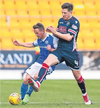  ?? Picture: SNS Group. ?? Left: Murray Davidson fires in St Johnstone’s second goal just before the break; above: Saints’ Chris Millar is challenged by Christophe­r Routis.