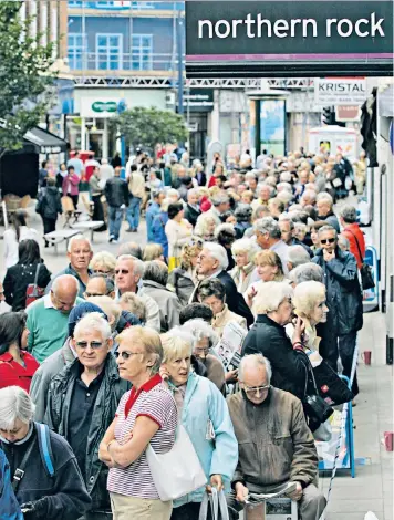  ??  ?? Customers queue to withdraw savings from Northern Rock in 2007. It had to be nationalis­ed after collapsing during the financial crisis