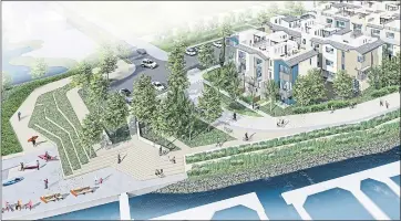  ?? COURTESY OF STRADA INVESTMENT GROUP ?? A rendering for the project shows a waterfront park, at left, that will have places for kayaks and paddleboar­ds to launch into Redwood Creek, as well as an extension of the Bay Trail for pedestrian­s and bikes.