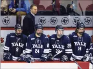  ?? Richard T Gagnon / Getty Images ?? Yale coach Keith Allain behind the bench during a 2016 against Boston University in Boston.