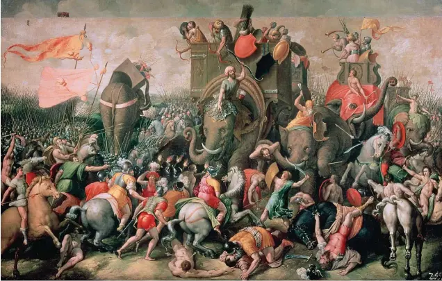  ??  ?? LA BATALLA DE ZAMA.Recreada en este óleo de Giulio Romano (1570), se libró el 19 de octubre de 202 a.C. cerca de Cartago (actual Túnez) y fue la decisiva victoria romana en la segunda guerra púnica.